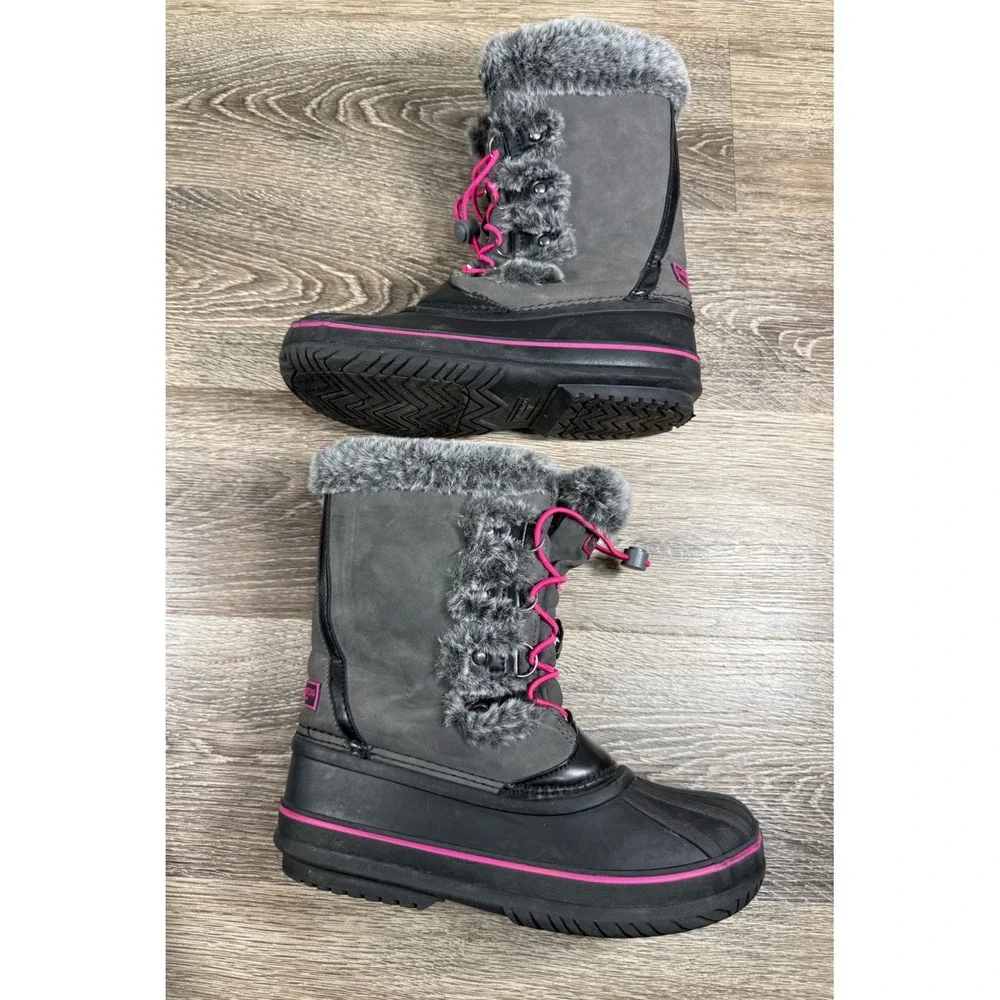 London Fog Hackney Girls Winter‎ Boots Grey Pink Faux Fur Size 4 Y2K Snow Bunny